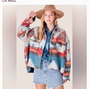 LA MIEL Aztec Print Shacket in Teal, Rust & Cream